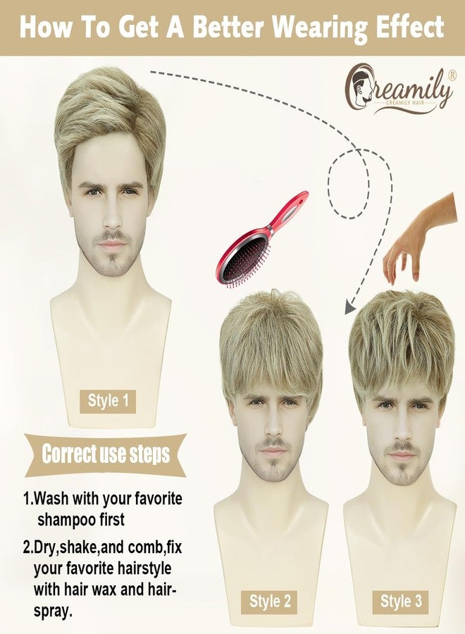 Creamily Mens Wigs Short Hair, Mens Hair Replacement Wig Realistic Mens's Blonde Mixed Brown Wig for Men Synthetic Hair Full Wigs for Male Guy Daily Wear - Image 4